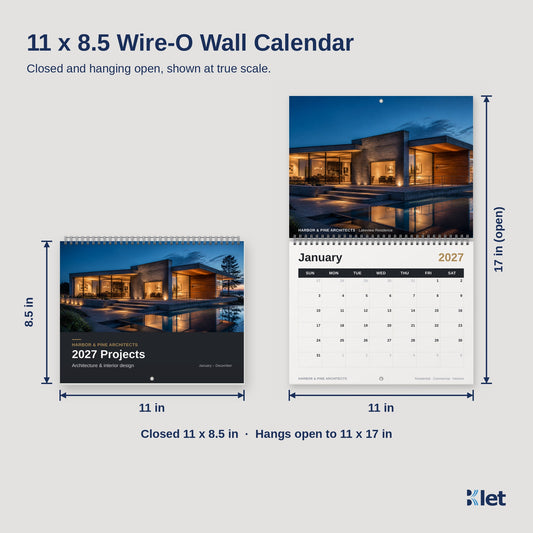 11 x 8.5 Wire-O wall calendar size, closed and open