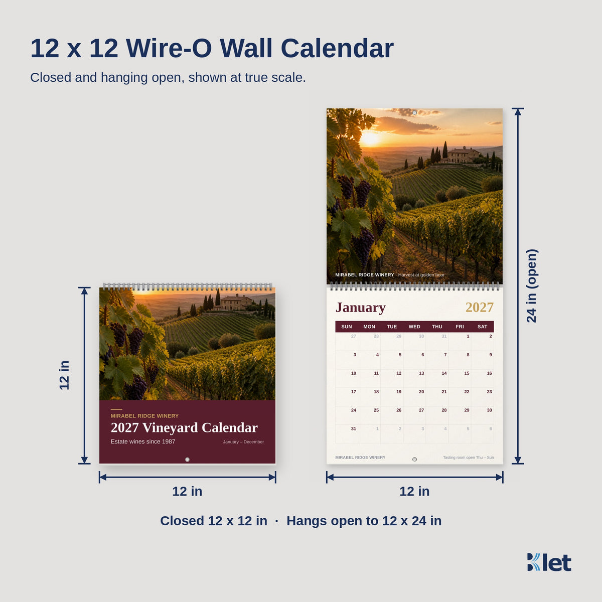 12 x 12 Wire-O wall calendar size, closed and open