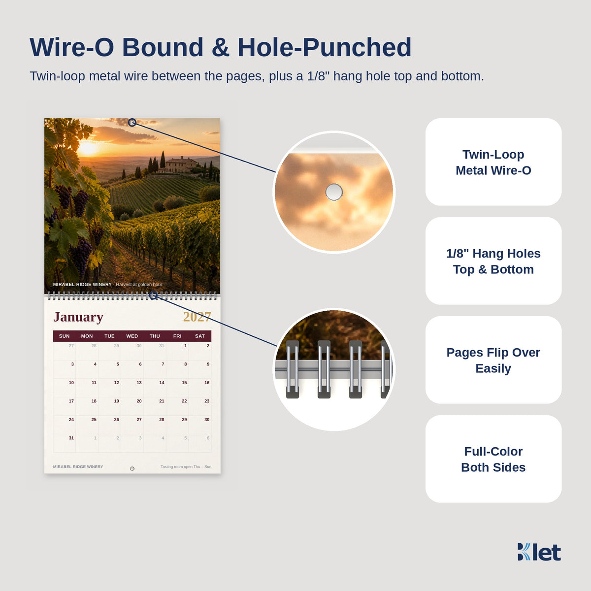 Wire-O binding and 1/8 inch hang holes close-up