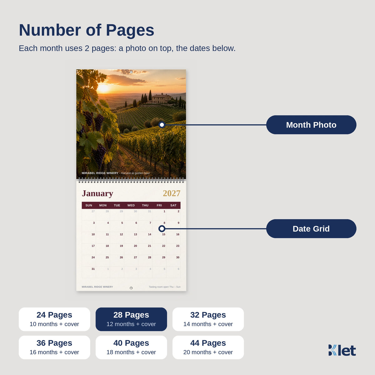 Wire-O wall calendar page count options