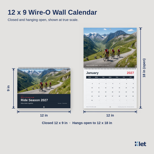 12 x 9 Wire-O wall calendar size, closed and open