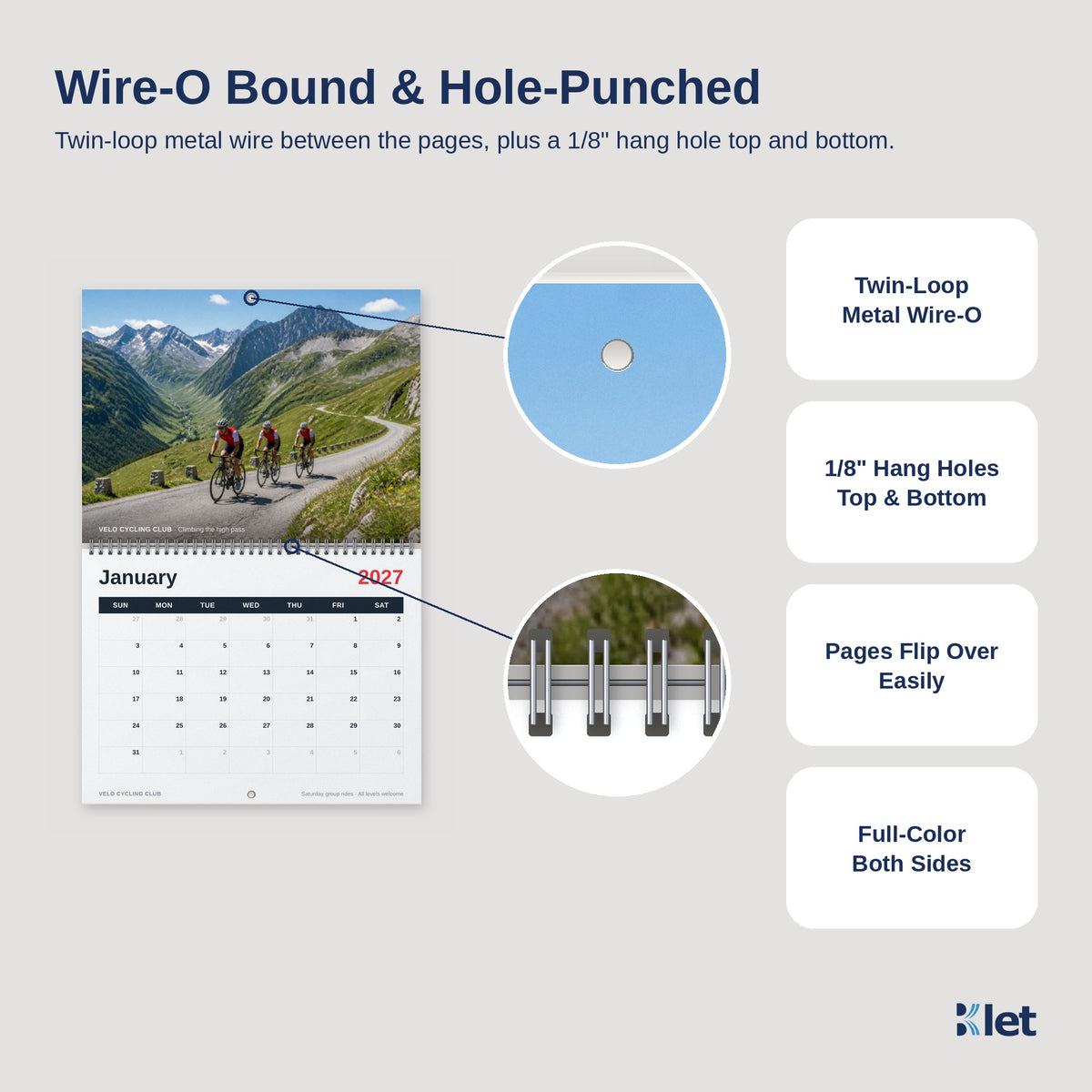 Wire-O binding and 1/8 inch hang holes close-up