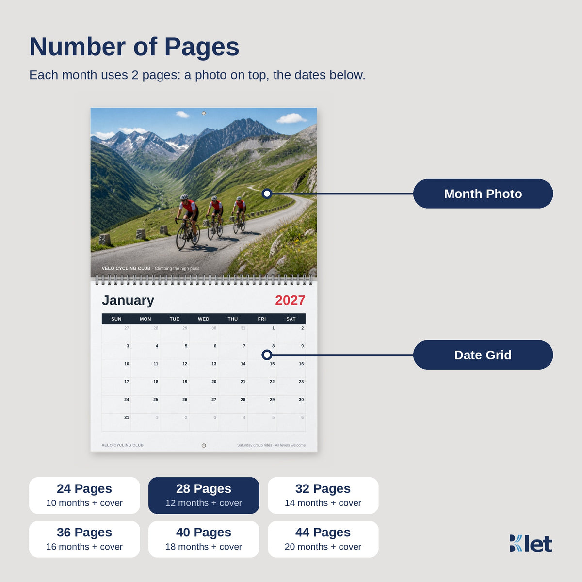 Wire-O wall calendar page count options