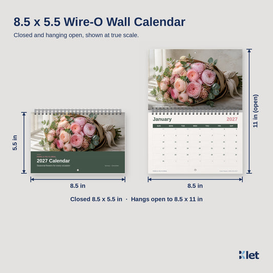 8.5 x 5.5 Wire-O wall calendar size, closed and open