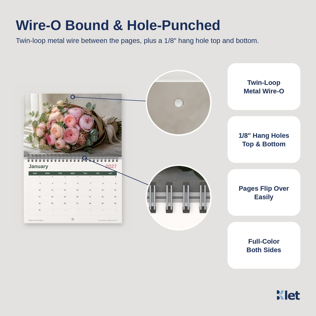 Wire-O binding and 1/8 inch hang holes close-up
