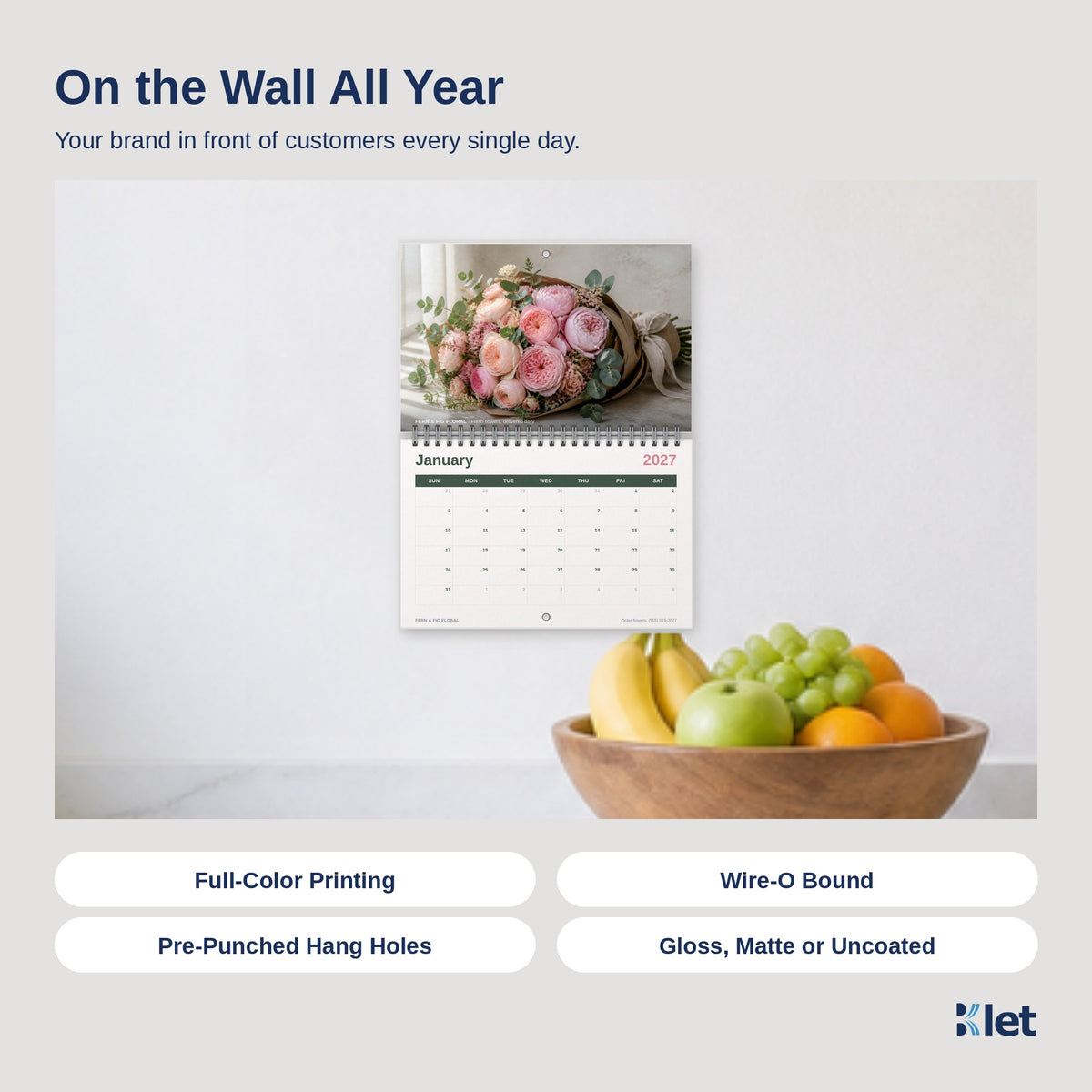 8.5 x 5.5 Wire-O calendar hanging on a wall