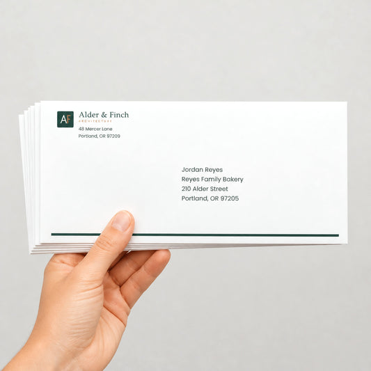 Custom printed #10 envelopes held in hand