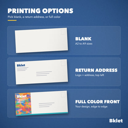 Envelope printing options: blank, return address or full color front