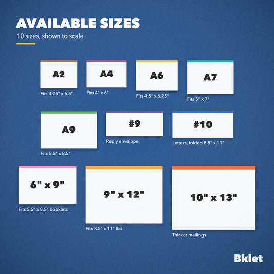Envelope sizes shown to scale: A2, A4, A6, A7, A9, #9, #10, 6x9, 9x12, 10x13