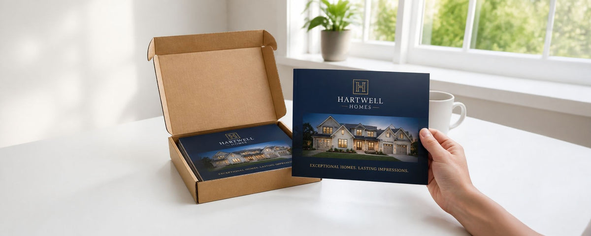 Hand holding a landscape printed booklet next to an open box of booklets on an office desk