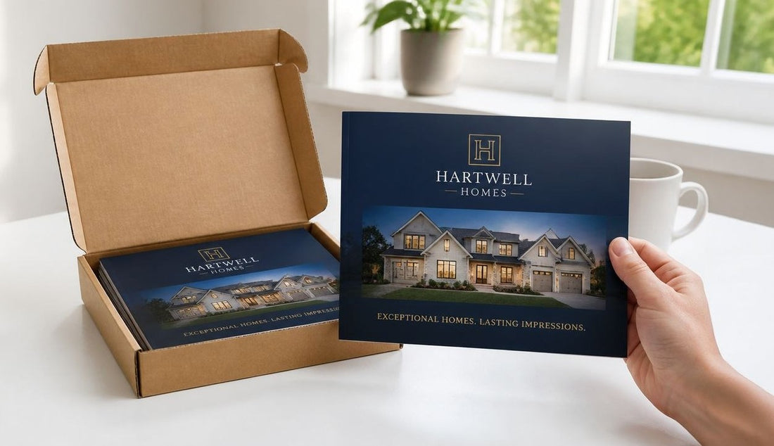 Landscape HARTWELL Homes booklet held over a desk next to an open shipping box of booklets