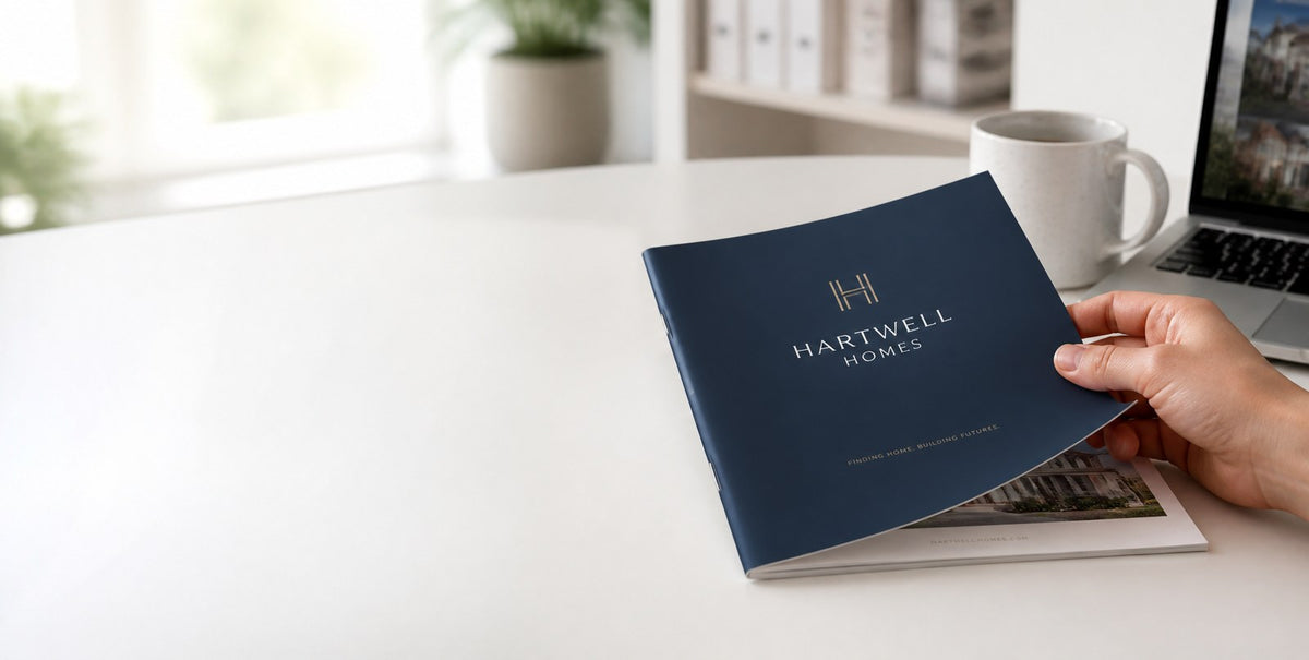 Hand opening a printed booklet on a sunny office desk