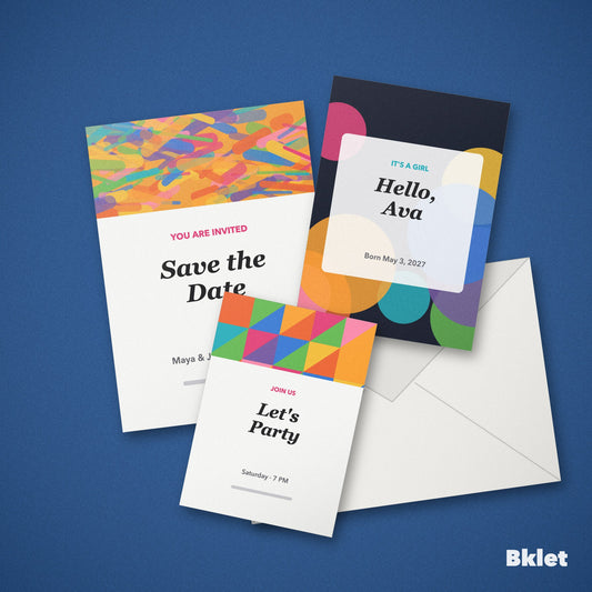 Custom invitations and announcements with envelopes, printed by Bklet