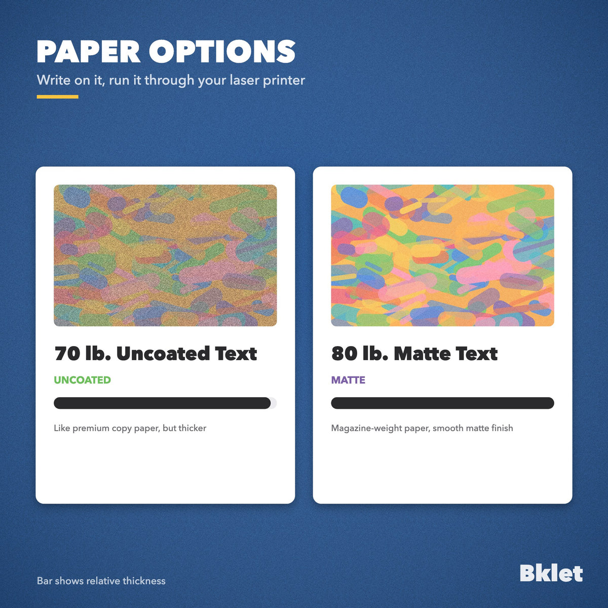 Letterhead paper options: 70 lb uncoated and 80 lb matte