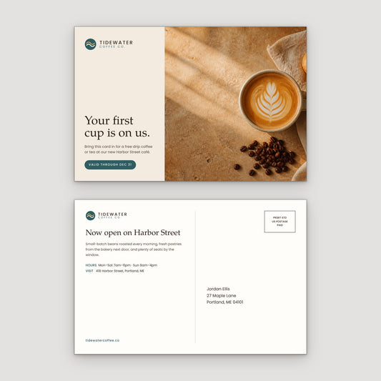 Front and back of a printed 6 x 9 postcard
