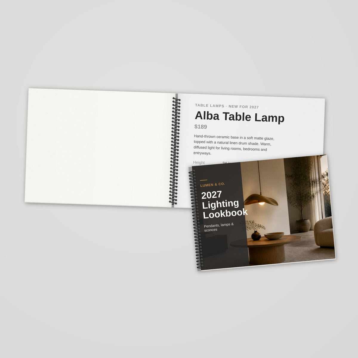 Custom 11 x 8.5 spiral bound book, black and white single-sided pages, open and closed