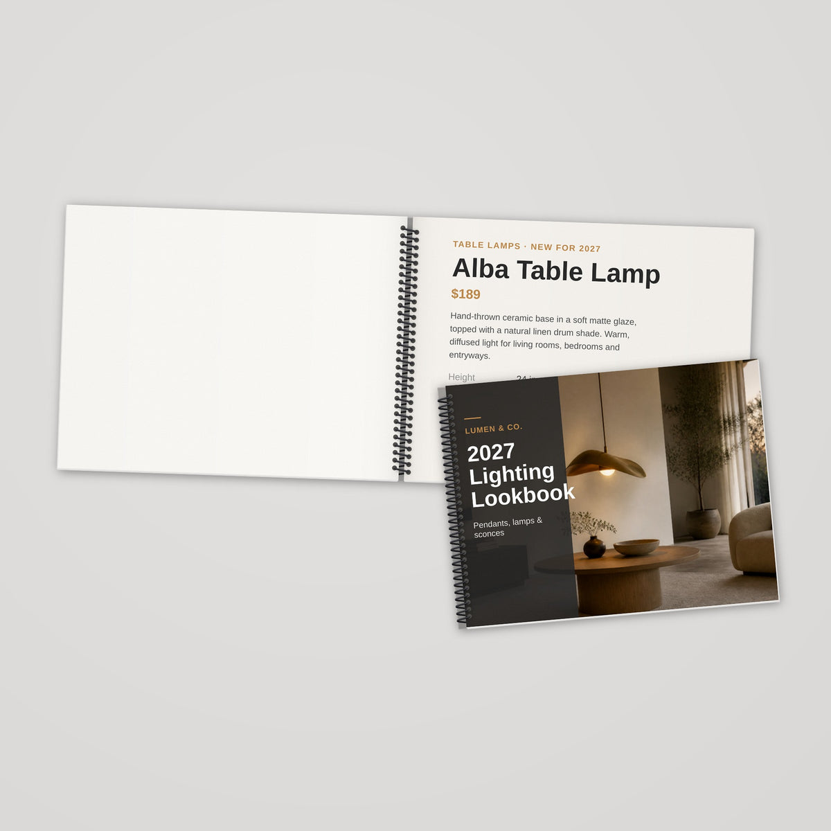 Custom 11 x 8.5 spiral bound book, full-color single-sided pages, open and closed