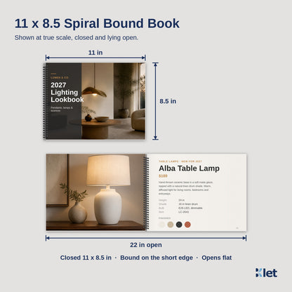 11 x 8.5 spiral bound book size, closed and open flat