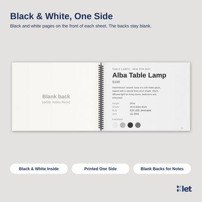 11 x 8.5 spiral book inside pages, black and white single-sided