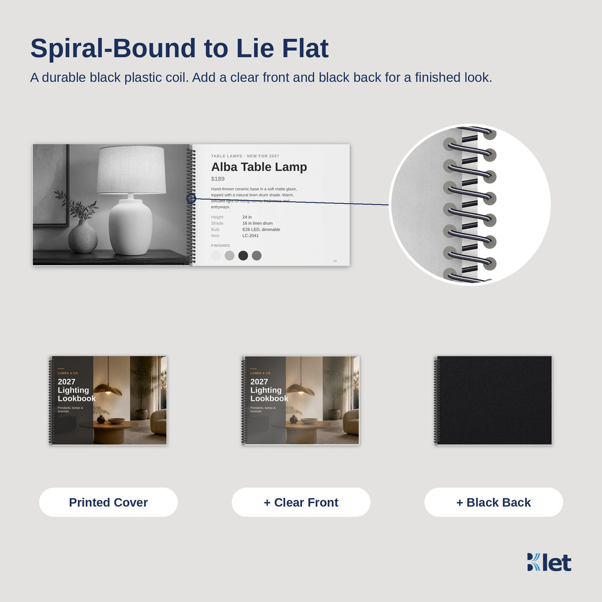 Black plastic spiral coil close-up with black and white inside pages, printed cover, clear front and black back options
