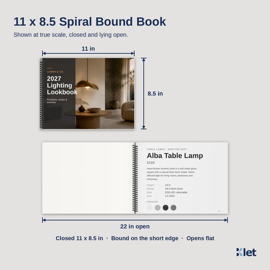 11 x 8.5 spiral bound book size, closed and open flat, black and white single-sided inside pages