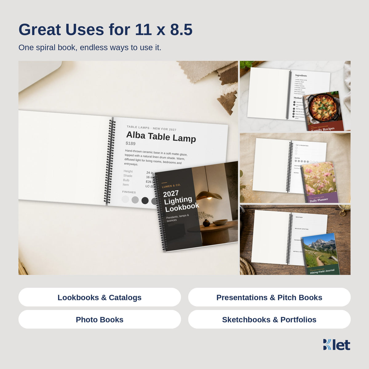 Uses for 11 x 8.5 spiral bound books with black and white single-sided pages