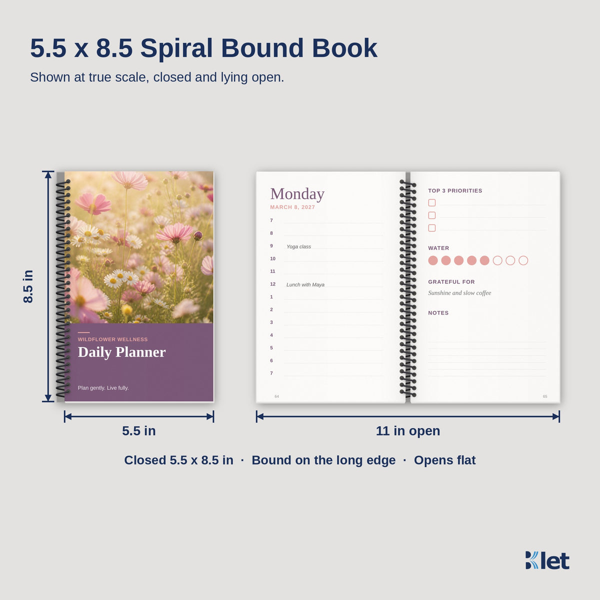 5.5 x 8.5 spiral bound book size, closed and open flat