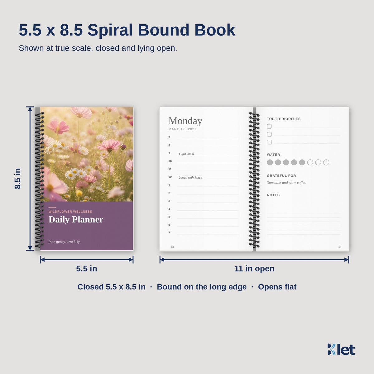 5.5 x 8.5 spiral bound book size, closed and open flat, black and white inside pages