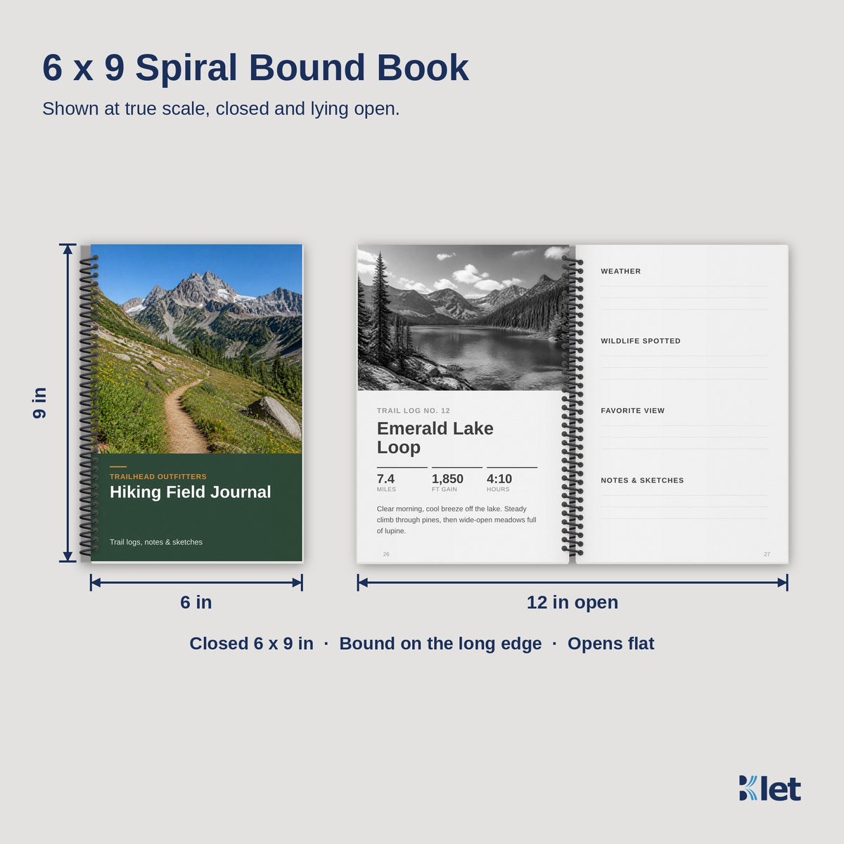 6 x 9 spiral bound book size, closed and open flat, black and white inside pages
