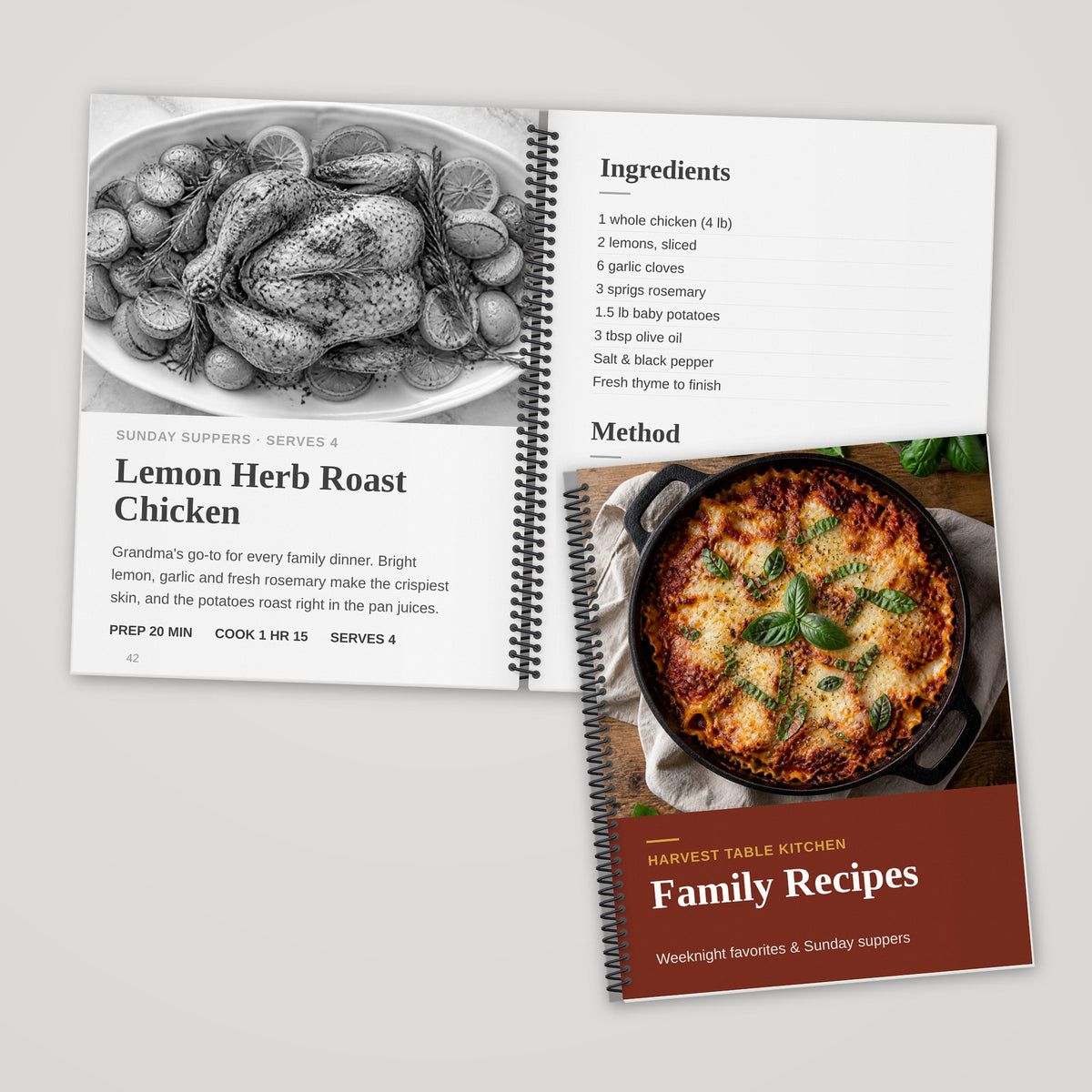 Custom 8.5 x 11 spiral bound book, black and white pages, open and closed