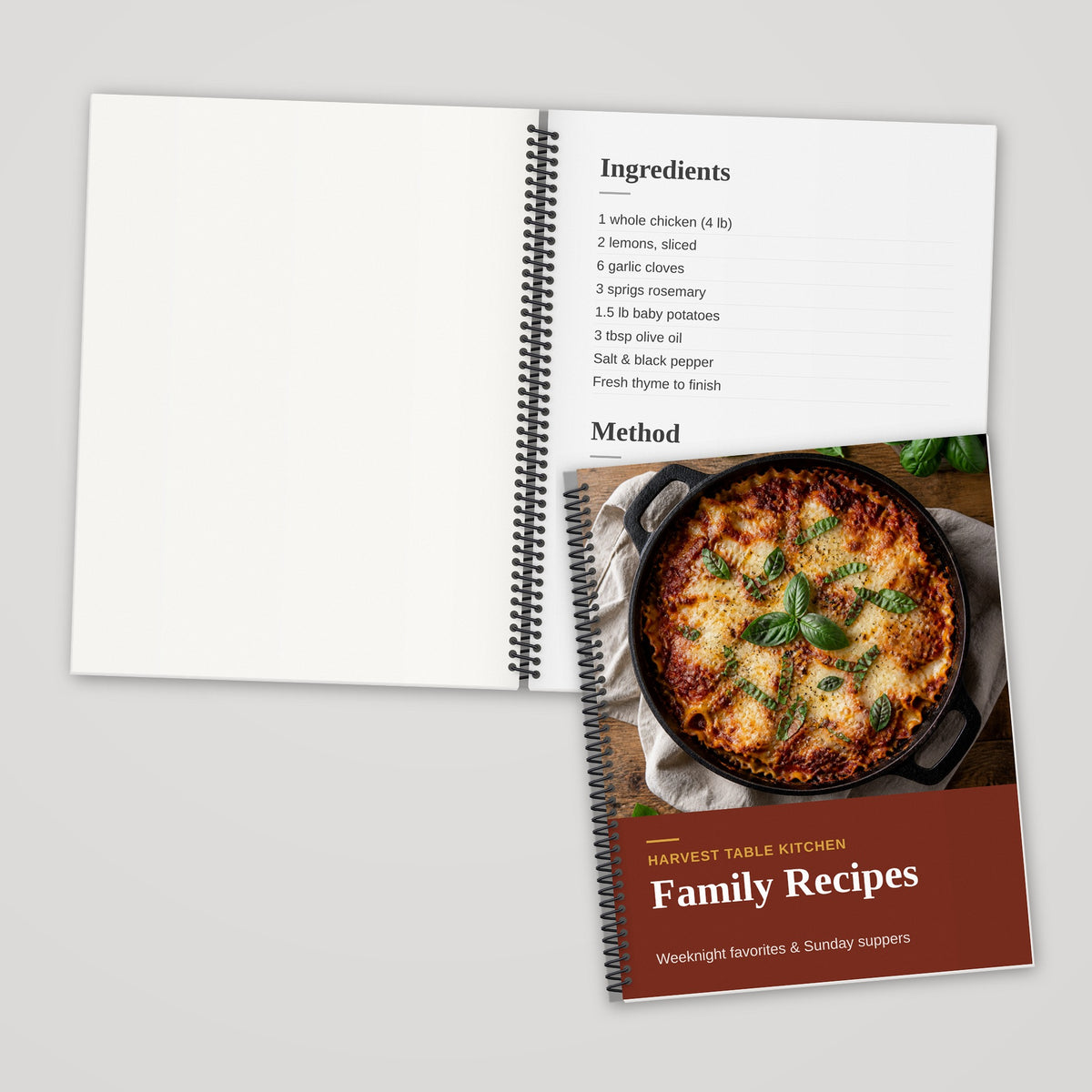 Custom 8.5 x 11 spiral bound book, black and white single-sided pages, open and closed