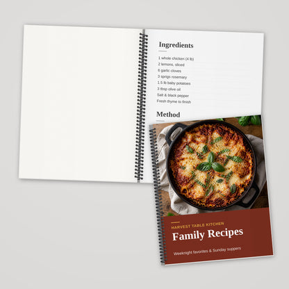 Custom 8.5 x 11 spiral bound book, black and white single-sided pages, open and closed