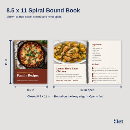 8.5 x 11 spiral bound book size, closed and open flat