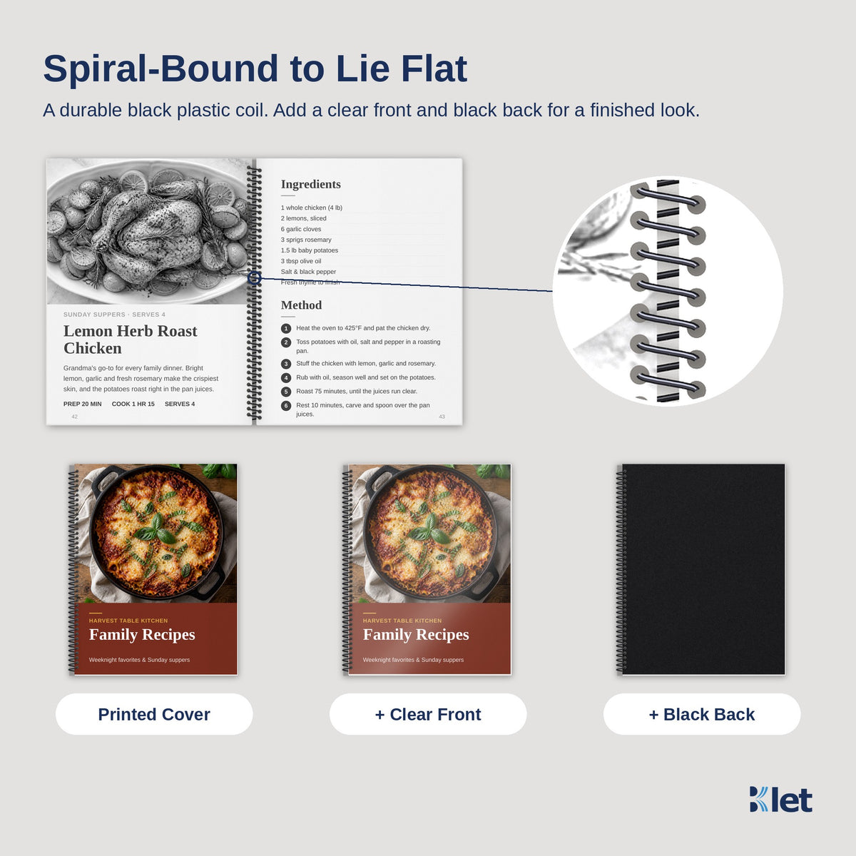 Black plastic spiral coil close-up with black and white inside pages, printed cover, clear front and black back options