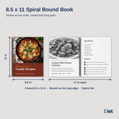 8.5 x 11 spiral bound book size, closed and open flat, black and white inside pages