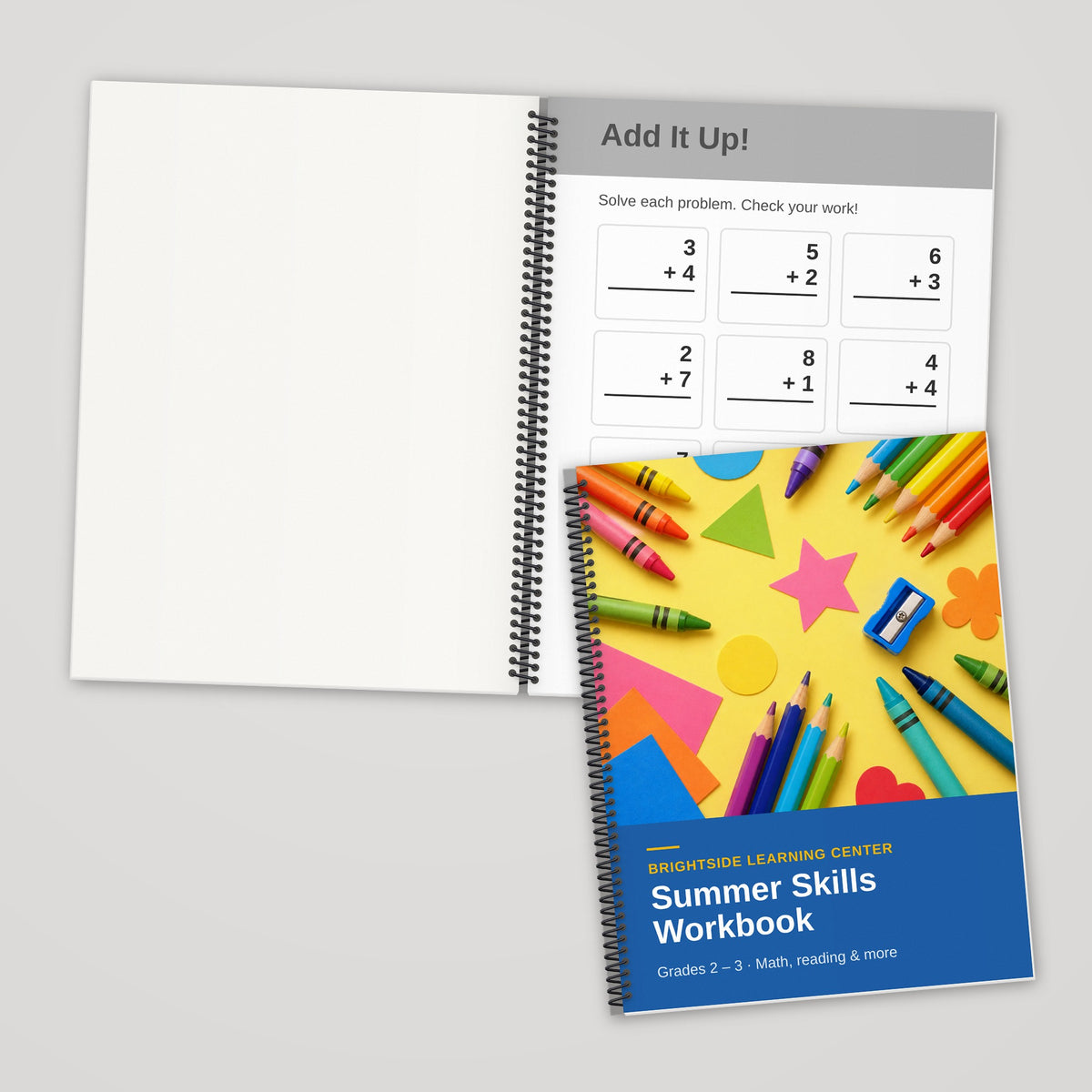 Custom 9 x 12 spiral bound book, black and white single-sided pages, open and closed