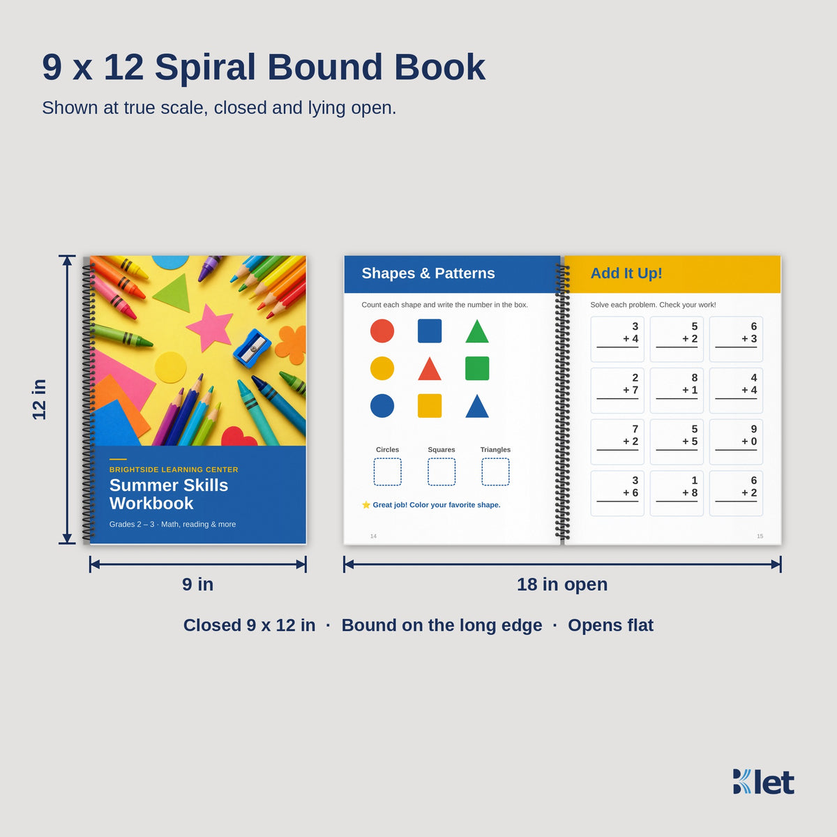 9 x 12 spiral bound book size, closed and open flat