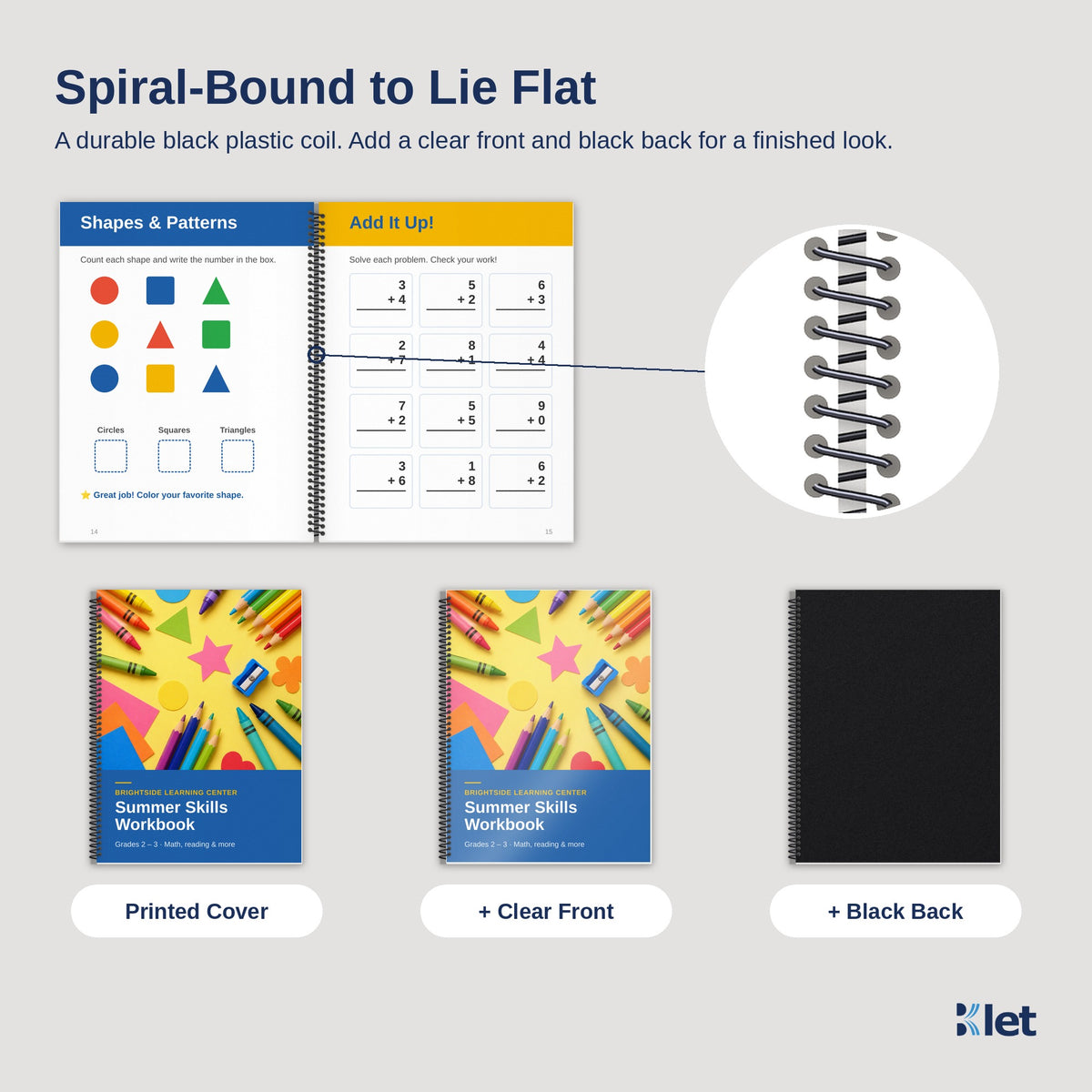 Black plastic spiral coil close-up with printed cover, clear front and black back options