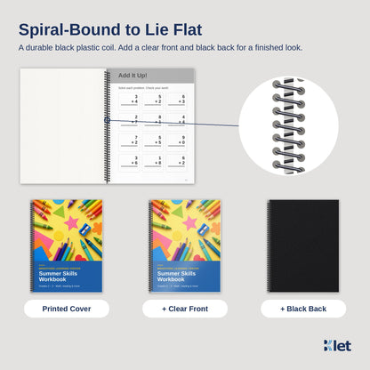 Black plastic spiral coil close-up with black and white single-sided inside pages, printed cover, clear front and black back options