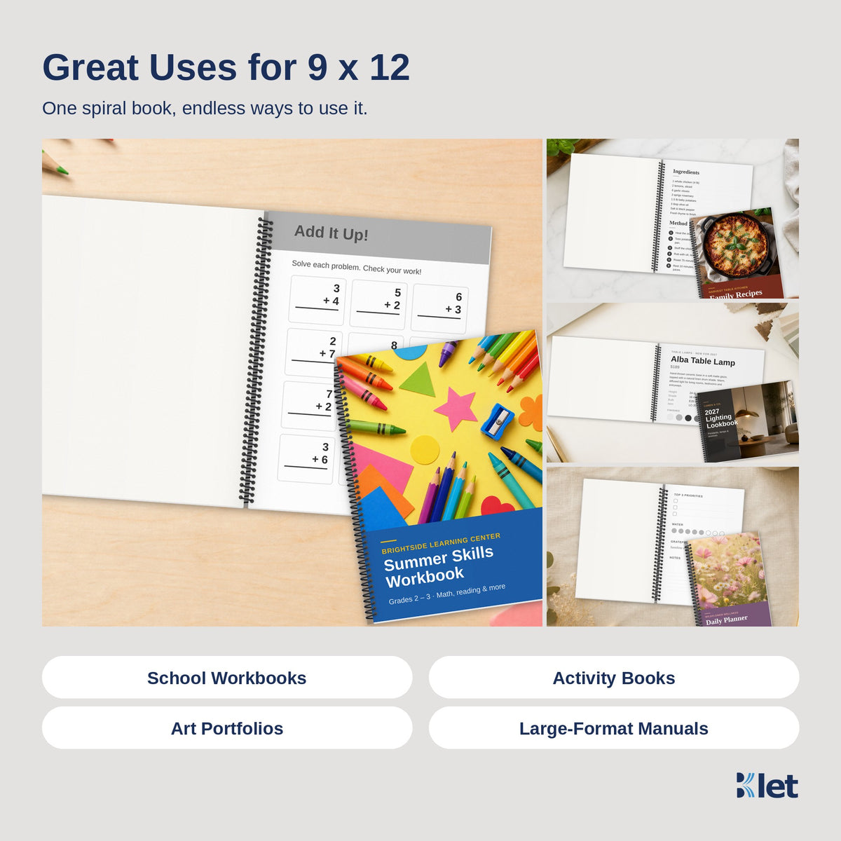 Uses for 9 x 12 spiral bound books with black and white single-sided pages