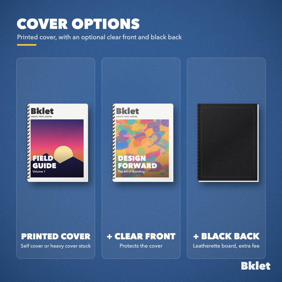 Spiral book cover options: printed cover, clear front, black leatherette back