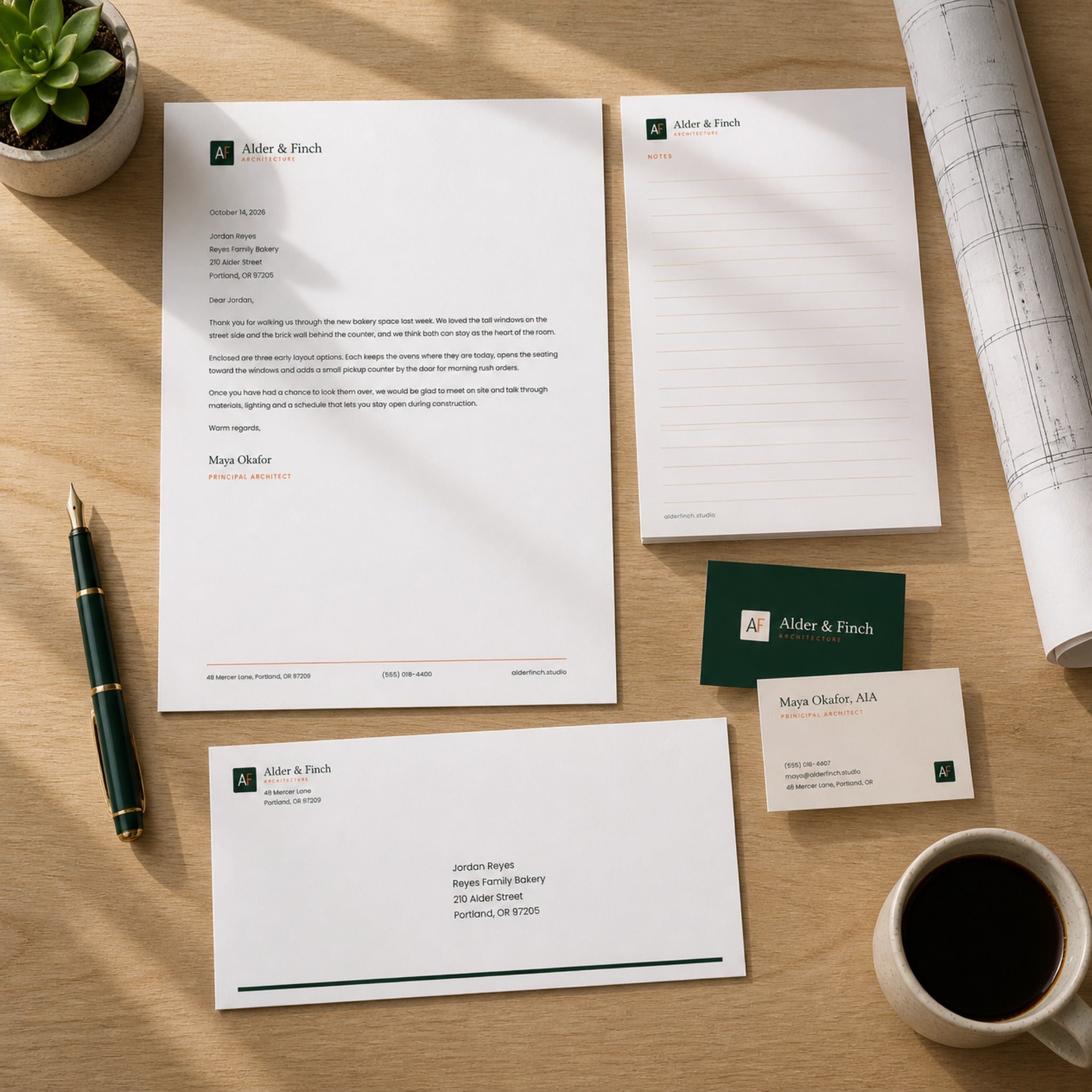 Matching notepad, letterhead, envelope and business cards on a desk