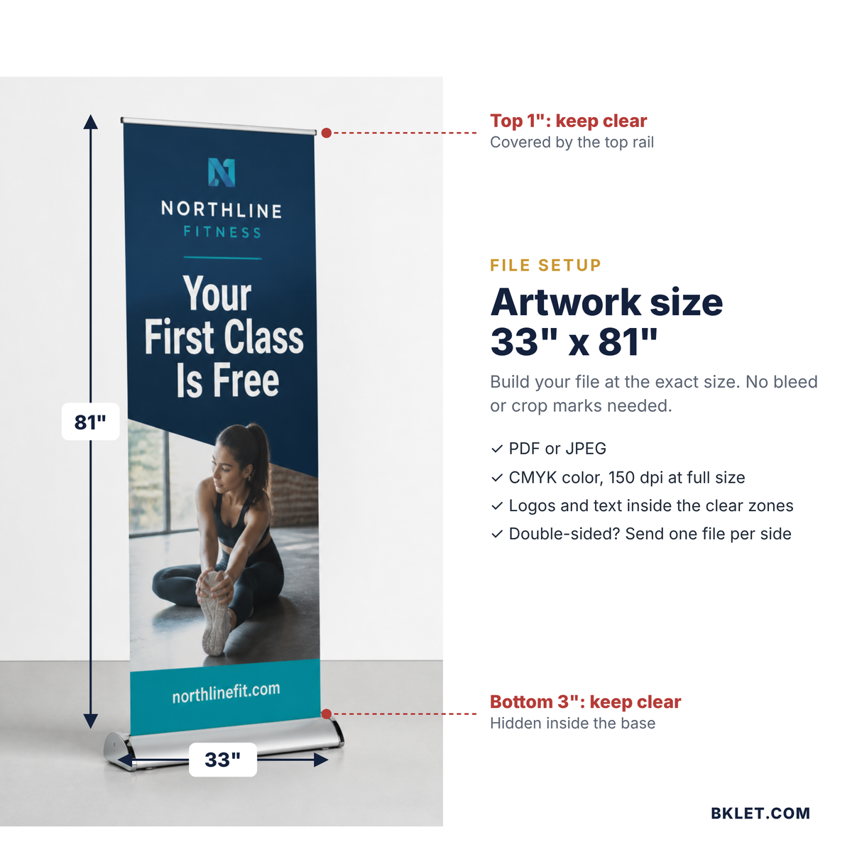 Artwork size 33 x 81 inches with keep-clear zones