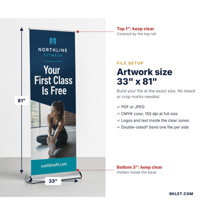 Artwork size 33 x 81 inches with keep-clear zones