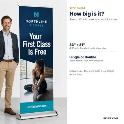Deluxe banner stand size guide with person for scale