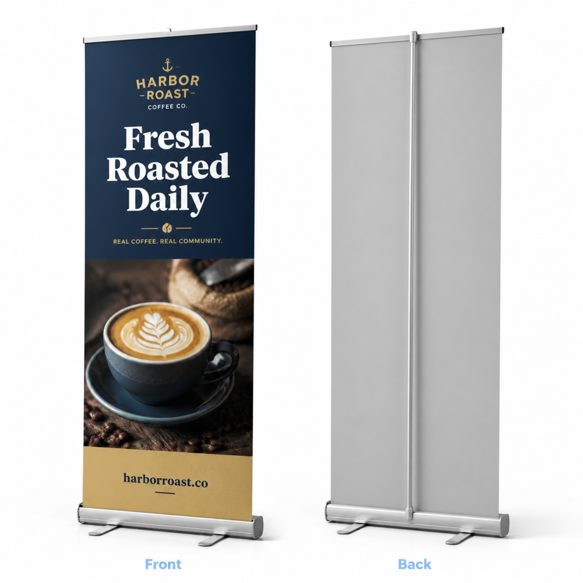 Retractable banner stand, front and back view