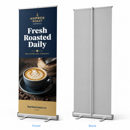Retractable banner stand, front and back view