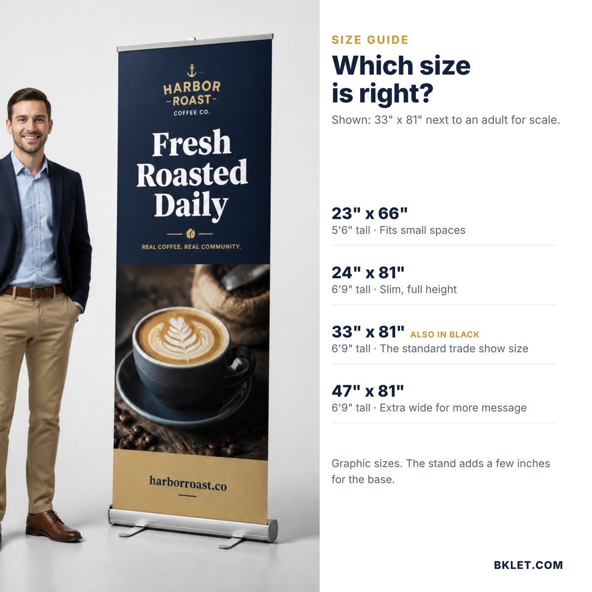 Retractable banner stand size guide with person for scale