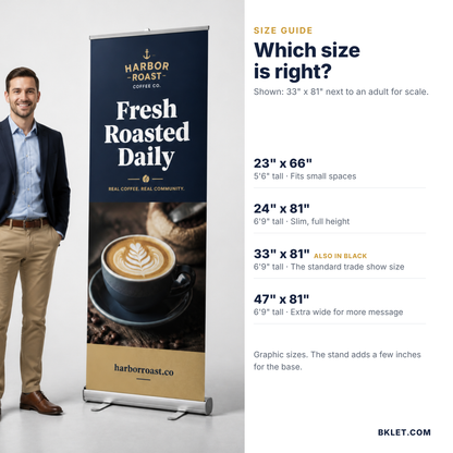 Retractable banner stand size guide with person for scale