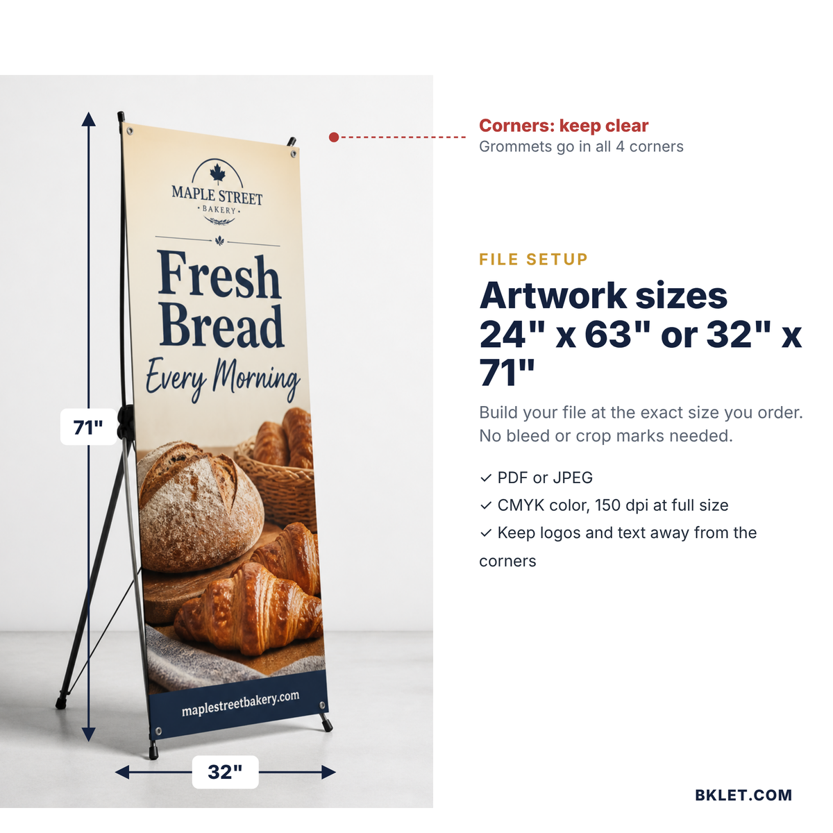 Artwork sizes 24 x 63 or 32 x 71 inches, keep corners clear